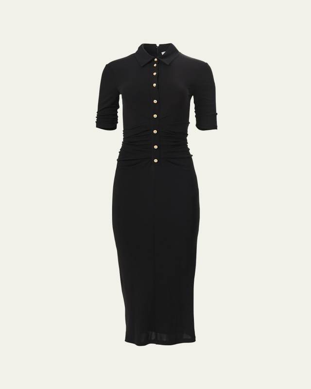 Ruched Button-Front Midi Polo Dress